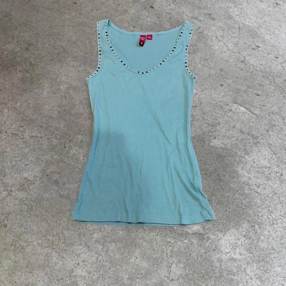 y2k blue teal studded rhinestone trim ribbed tank medium